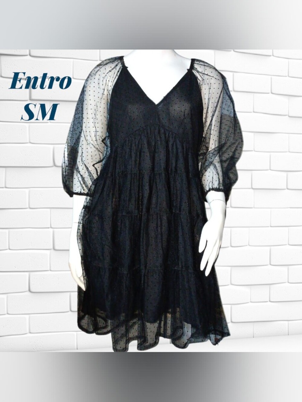 ʕ·ᴥ·ʔ ENTRO Black Babydoll Black Sheer Swiss Dot Tiered V-Neck Mini Dress